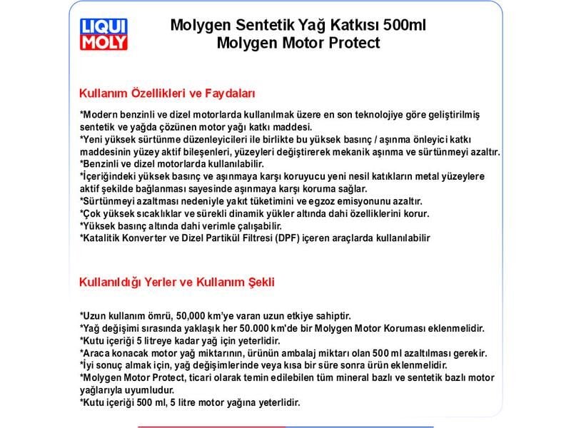 SENTETİK YAĞ KATKISI 500ml MOLYGEN MOTOR PROTECT