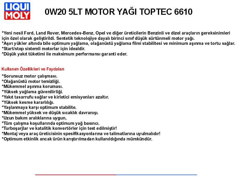 0W20 5LT MOTOR YAĞ TOPTEC 6610
