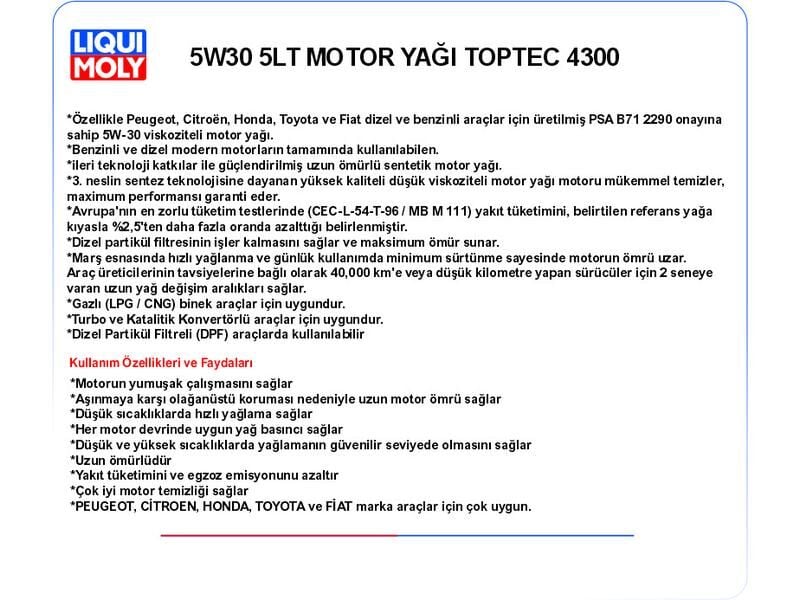 5W30 5LT MOTOR YAĞ TOPTEC 4300