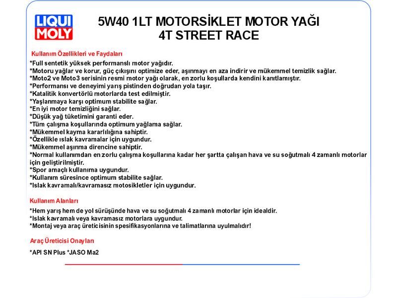 5W40 1LT MOTORSİKLET MOTOR YAĞ 4T SYNTH STREET RACE
