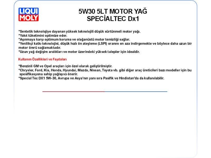 5W30 5LT MOTOR YAĞ SPECİALTEC DX1