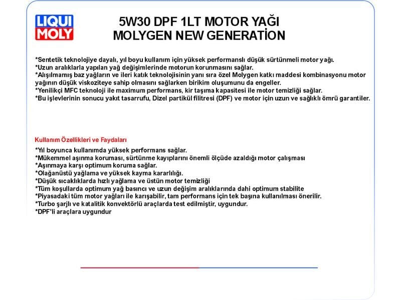 5W30 1LT MOTOR YAĞ DPF MOLYGEN NEW GENERATİON