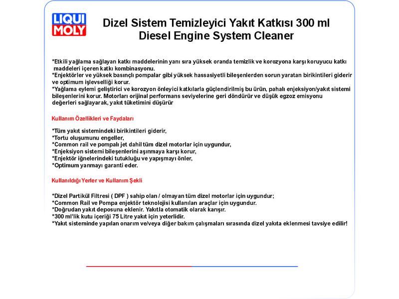 DİZEL SİST. TEMZ. YAKIT KATKISI 300ml DİESEL ENGİNE SYSTEM CLEANER