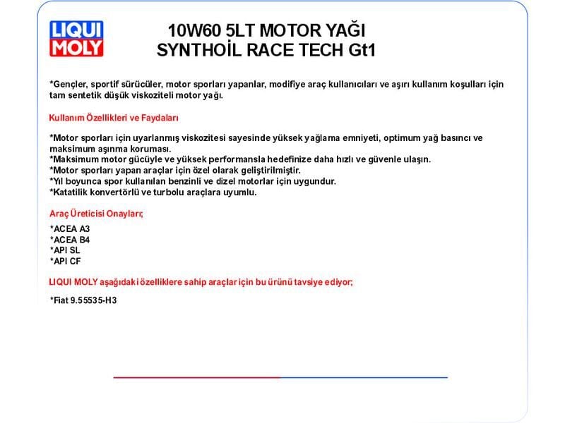 10W60 5LT MOTOR YAĞ SYNTHOİL RACE TECH GT1