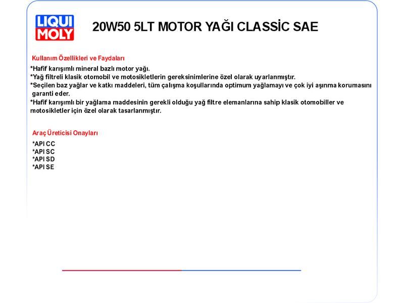 20W50 5LT MOTOR YAĞ KLASİK ARAÇLAR CLASSIC MOTOROIL SAE